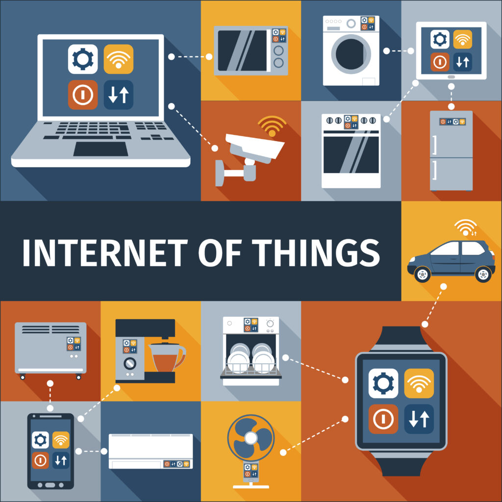Vector drawing of several smart devices connected through the internet with smart watches, phones, tablets and computers, sign says "Internet of things"