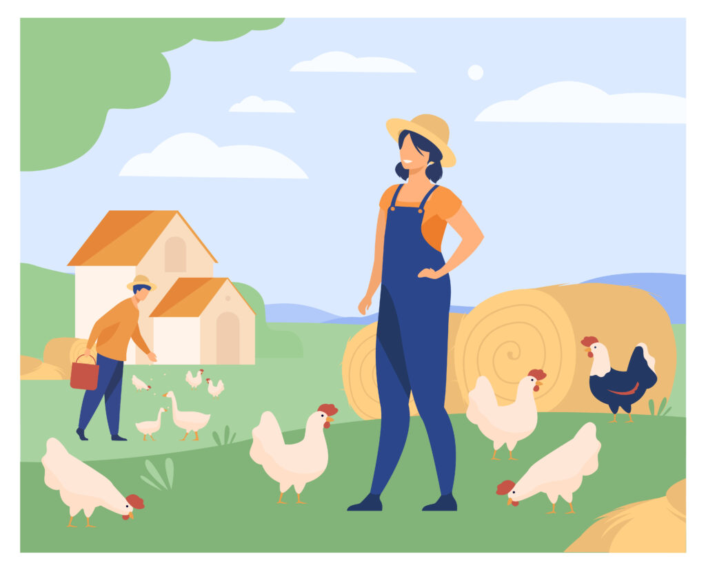 A bucolic vector drawing of a girl outside with chickens, in the background there is a farmhouse, a man feeding geese and 2 haystacks