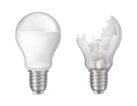 Drawing of consumer grade LED lightbulbs, one of them is broken, the glass dome shattered, proving the fragility of consumer grade products.