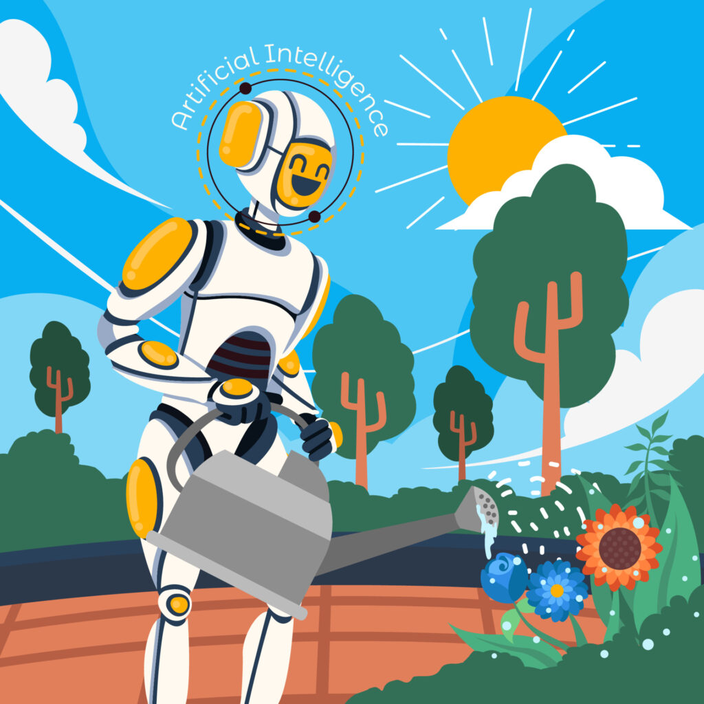 Happy robot waters plants in the countryside vector image, sign above robot says "Artificial intelligence"